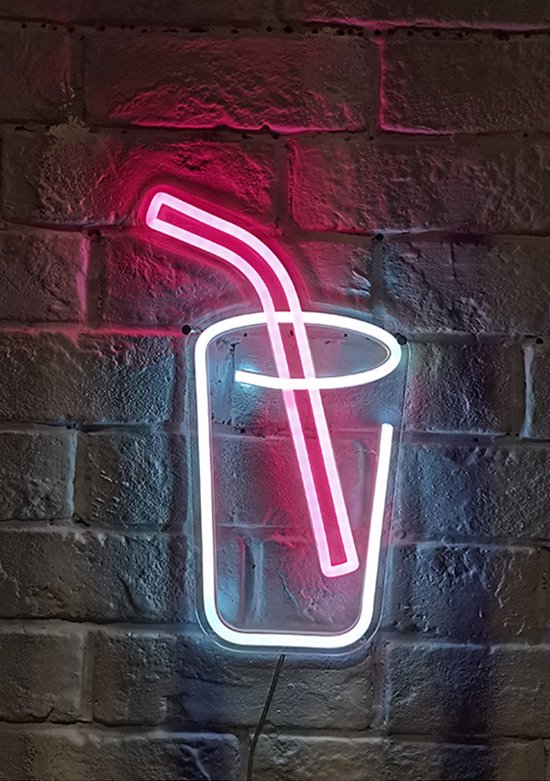 OHNO Neon Verlichting Drink With Straw - Neon Lamp - Wandlamp - Decoratie - Led - Verlichting - Lamp - Nachtlampje - Mancave - Neon Party - Wandecoratie woonkamer - Wandlamp binnen - Lampen - Neon - Led Verlichting - Wit, Roze