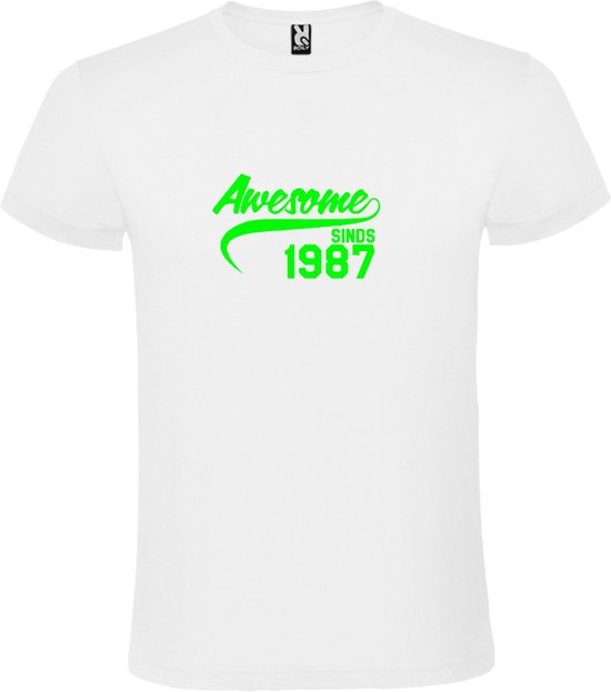 Wit T-Shirt met “Awesome sinds 1987 “ Afbeelding Neon Groen Size M