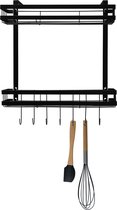 QUVIO Kruidenrek met 7 haken - Ophangbaar keukenrek - Keukenrek hangend - Voor aan deur of kastdeur - Metaal - Zwart - 10 x 39 x 47 cm