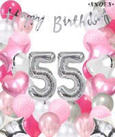 Snoes Ballonnen 55 Jaar Pink Blush Silver Mega Ballon - Compleet Feestpakket 55 Jaar - Verjaardag Versiering Slinger Happy Birthday – Folieballon – Latex Ballonnen - Helium Ballonnen - Zilver en Roze Verjaardag Decoratie