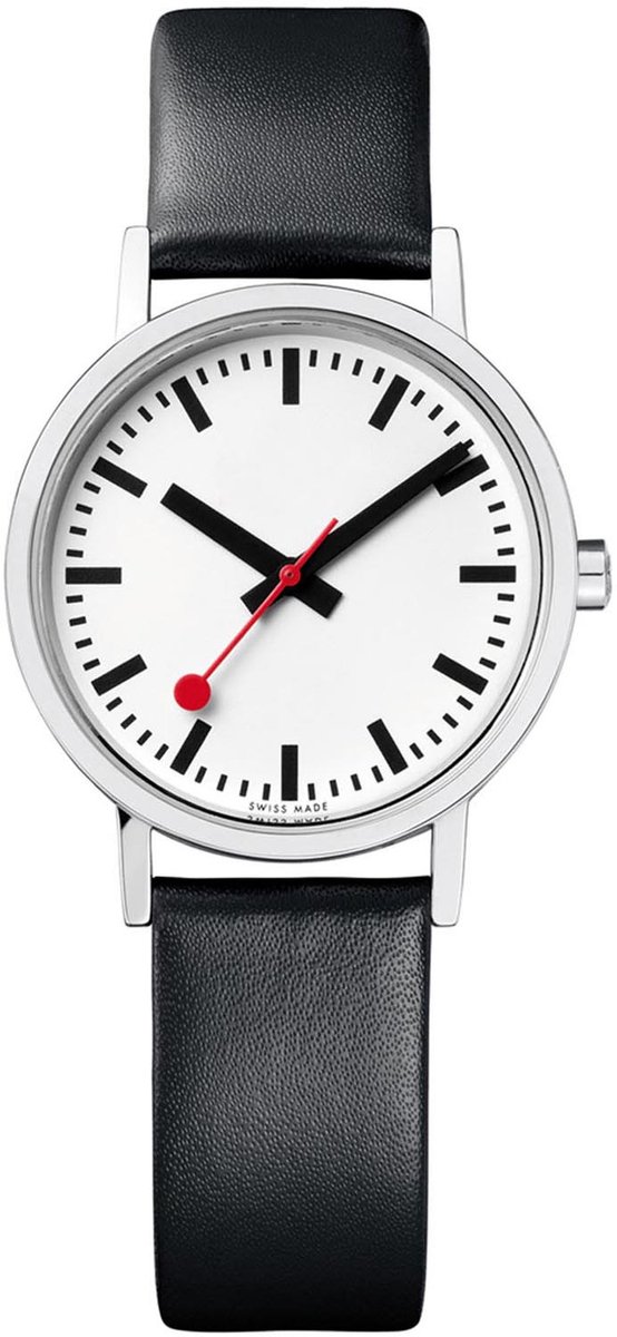 Mondaine A658.30323.16OM Classic Pure Dames Horloge - M658.30323.16OM - Stationsklok - Mineraalglas - Roestvrijstaal-Leer - Wit-Zilver-Zwart - Ø 30 mm