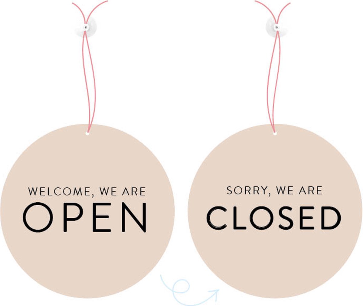 Deurbordje open closed - 20 centimeter - dubbelzijdig beige - met koord en zuignap - Dutch Sprinkles - raam bord voor bedrijven, winkels, salons - open gesloten omdraai bord