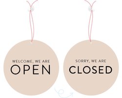 Deurbordje open closed - 20 centimeter - dubbelzijdig beige - met koord en zuignap - Dutch Sprinkles - raam bord voor bedrijven, winkels, salons - open gesloten omdraai bord