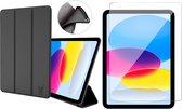 Hoes met Screenprotector geschikt voor iPad 2022 10.9 inch 10e Generatie - Trifold Smart Cover Book Case Leer Tablet Hoesje Zwart + Gehard Glas Screen Protector