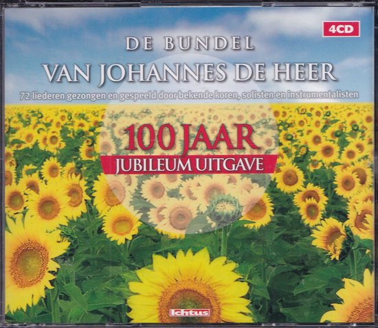 CD-hoes met een zonnebloemveld, de titel 'De bundel van Johannes de Heer' en '100 jaar jubileum uitgave'.