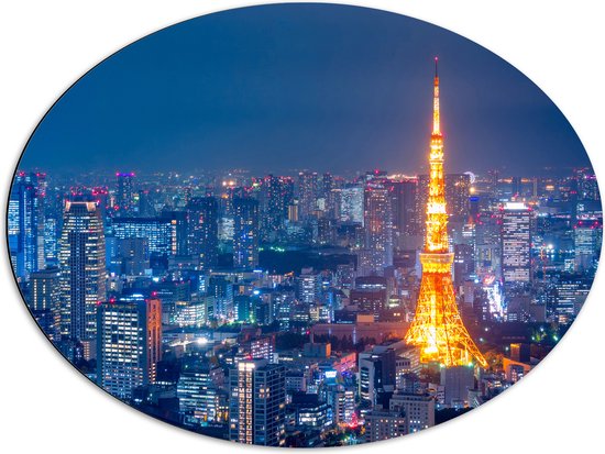 Dibond Ovaal - Skyline in Tokio met Verlichte Tokiotoren - 80x60 cm Foto op Ovaal (Met Ophangsysteem)