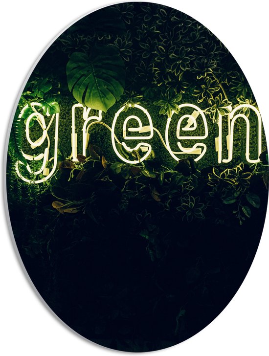 PVC Schuimplaat Ovaal - ''GREEN'' Neon Letters tussen Struiken - 30x40 cm Foto op Ovaal (Met Ophangsysteem)