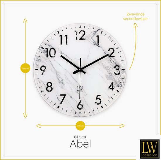 LW Collection horloge murale verre marbre marbre blanc 30cm - petite horloge - horloge murale silencieuse - horloge de cuisine silencieuse