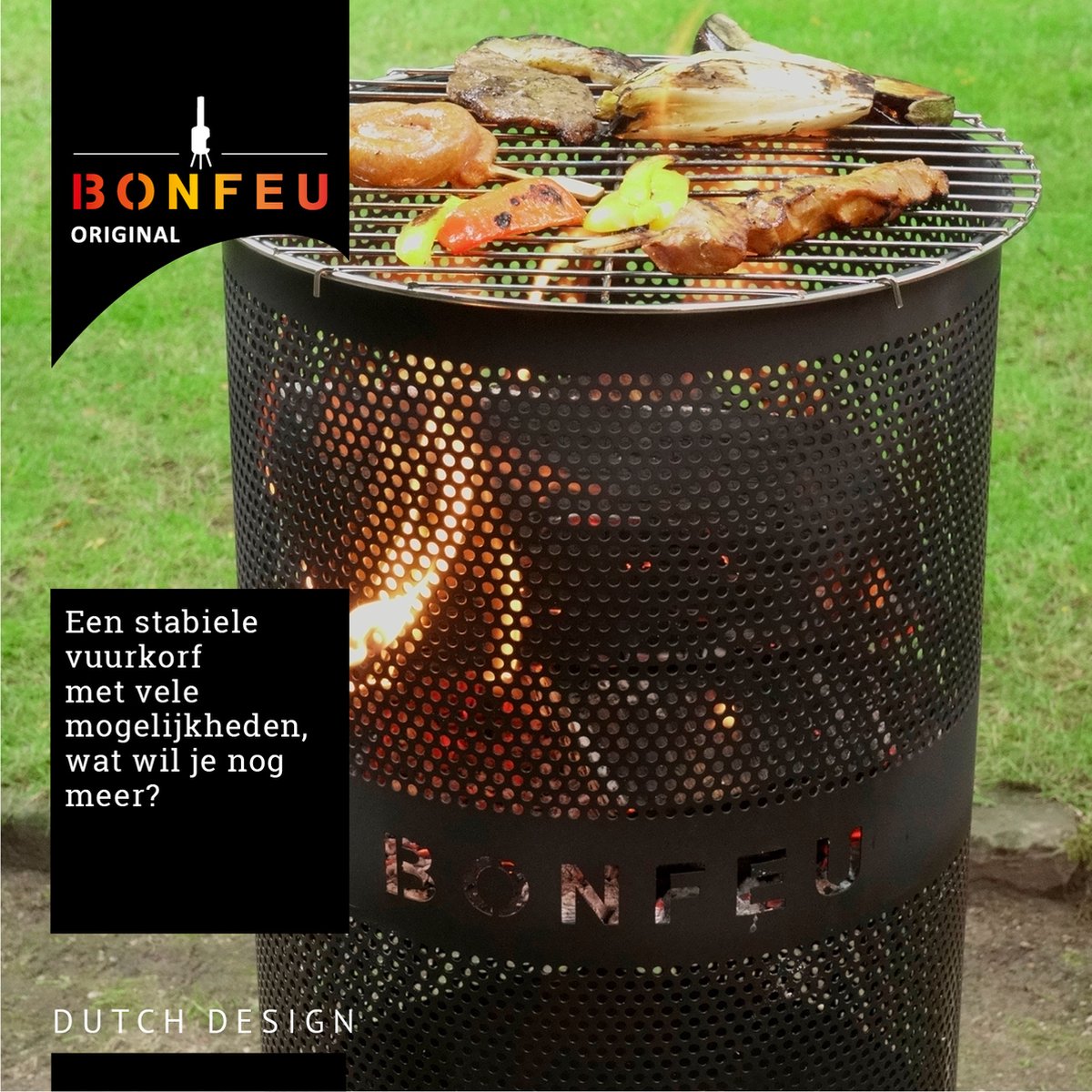 BonFeu BonVes Fire Basket 34 cm - With Grill Grate and Poker - Black