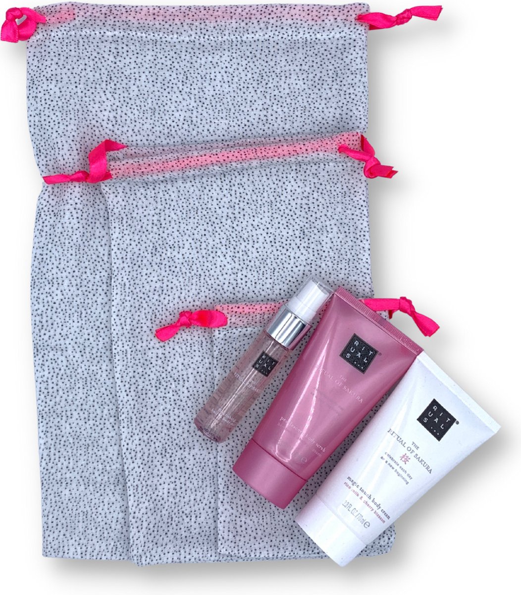 Giftwrappies - Set van 3 katoenen cadeauzakjes - Sparkle zwart/wit-roze