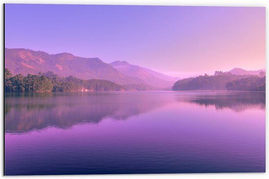 Dibond - Paarse Gloed over het Water bij Bos en Bergen - 60x40 cm Foto op Aluminium (Wanddecoratie van metaal)