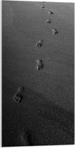 Acrylglas - Voetstappen op het Strand (Zwart- wit) - 50x100 cm Foto op Acrylglas (Met Ophangsysteem)