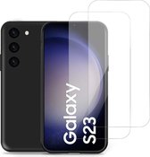 Geschikt voor Samsung S23 Hoesje + 2x Screenprotector – Gehard Glas Cover - Suède Case Zwart