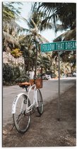 WallClassics - Dibond - Fiets geparkeerd bij Bord met ''Follow That Dream'' in Stad met Palmbomen - 50x100 cm Foto op Aluminium (Met Ophangsysteem)