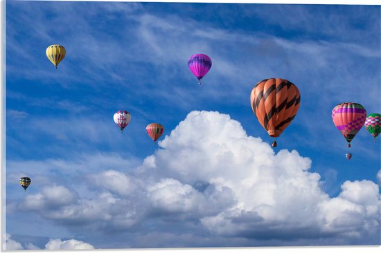 WallClassics - Acrylglas - Groepje Gekleurde Luchtballonnen bij Wolken in Blauwe Lucht - 60x40 cm Foto op Acrylglas (Wanddecoratie op Acrylaat)