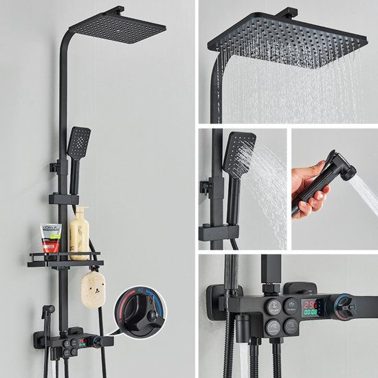 Douchepaneel 2-Delig Inbouw 5-Weg Thermostatisch met Waterval- en Regen- Douchekop, Handdouche en 4 x Zijdouches Gunmetal Grey | Océanie
