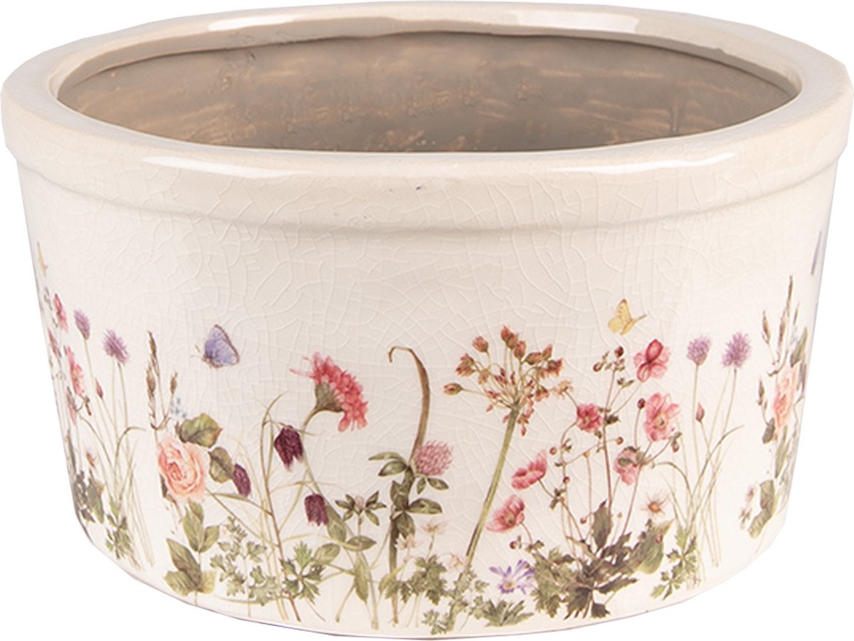 Clayre & Eef Bloempot Ø 19x10 cm Roze Beige Keramiek Bloemen