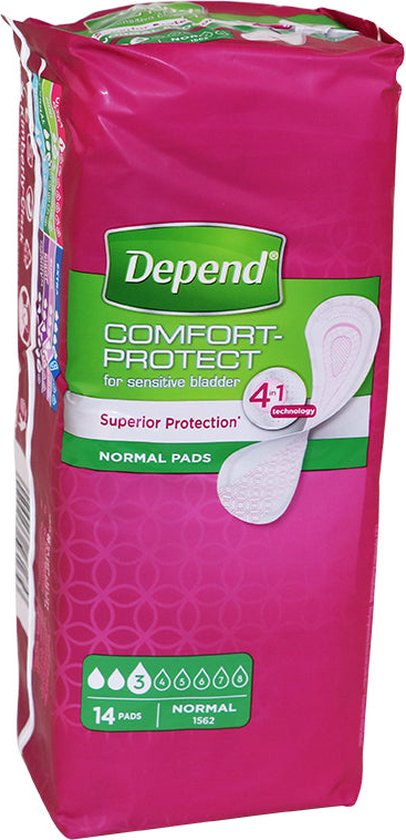 Verpakking Depend Comfort-Protect Normal pads, paars met groene band.