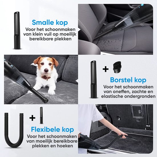 Strex Kruimeldief Draadloos & Snoerloos - Handstofzuiger voor Auto - Kruimelzuiger Nat & Droog - Mini Stofzuiger - 14000PA - HEPA Filter - LED Verlichting - Extra Krachtig - Autostofzuiger met Opzetstukken