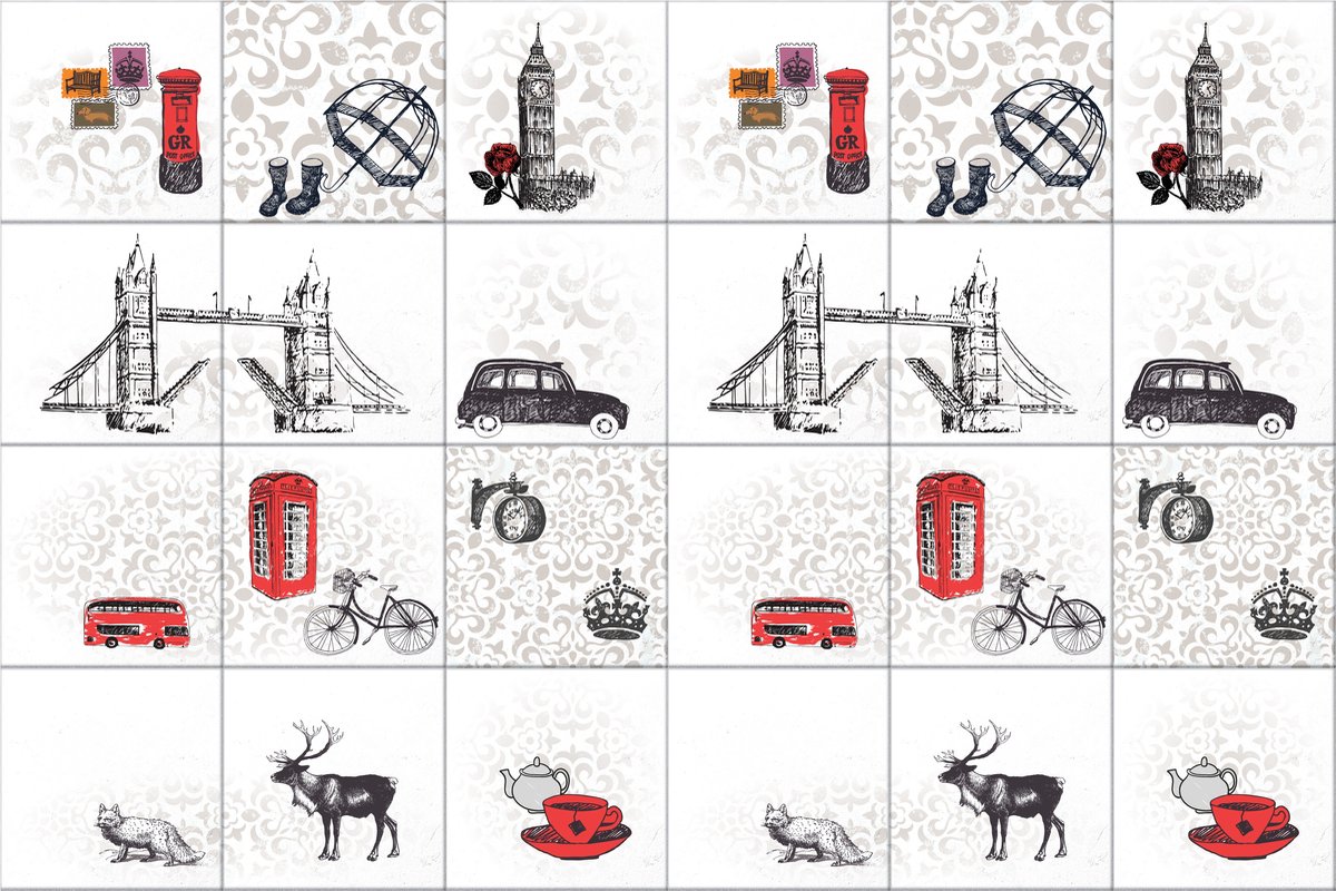 Walplus Londen Tegelsticker - Zwart/Wit/Rood - 15x15 cm - 24 stuks