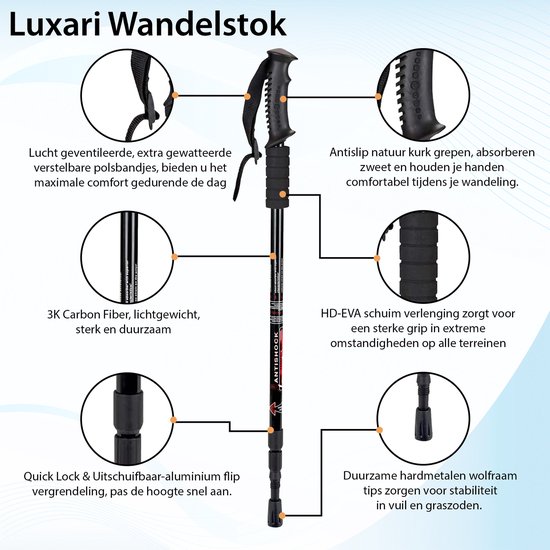 Luxari - Pro Nordic Walking - Anti-Schock Functie - Telescopisch Verstelbaar 65-140 cm - Complete Set - Zwart