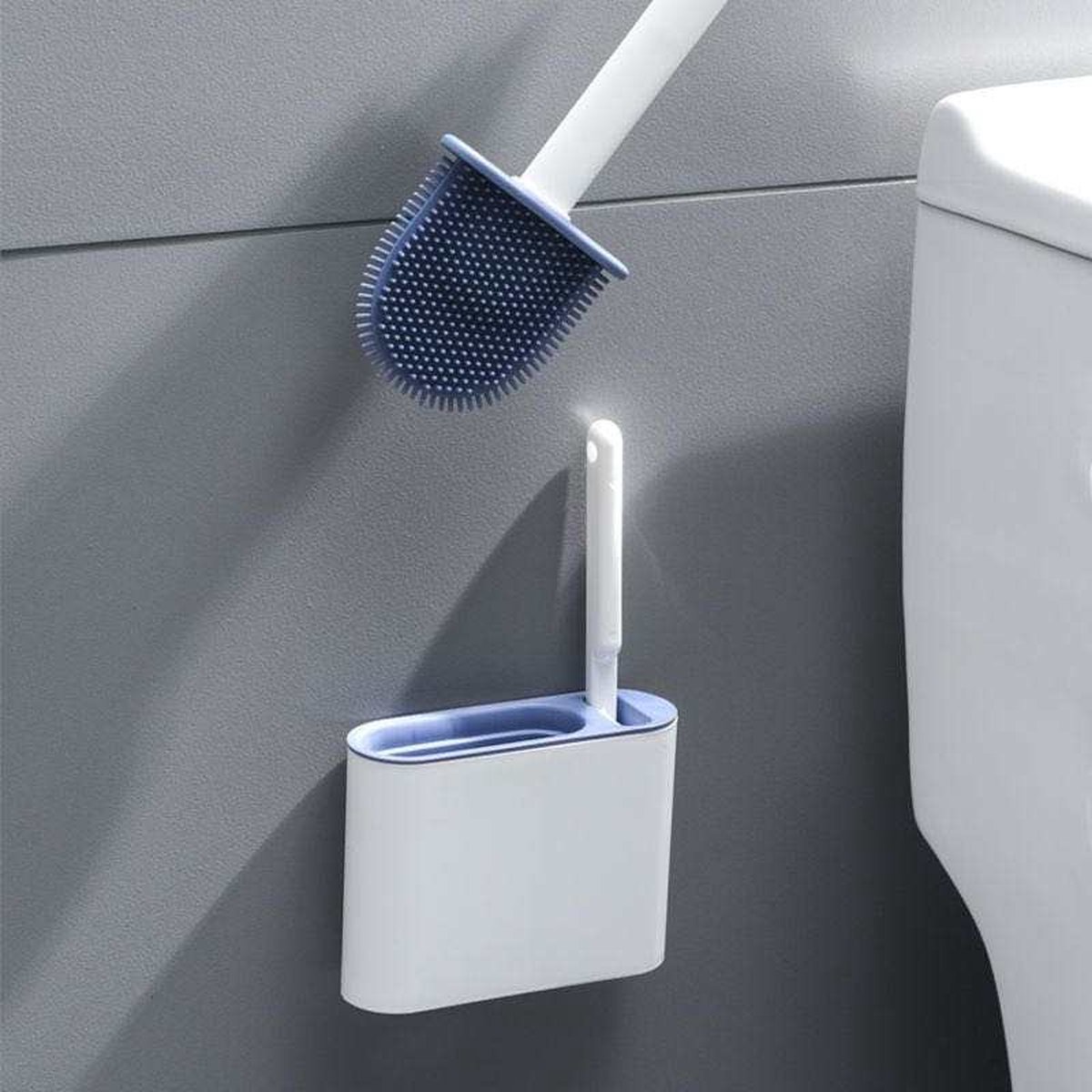 Lopoleis WC borstel – Toiletborstel – Gesloten bodem – WC borstel met randreiniger – Siliconen – Blauw – WC borstel met houder – Vrijstaand – Hangend – WC borstel en houder - Wit/Blauw
