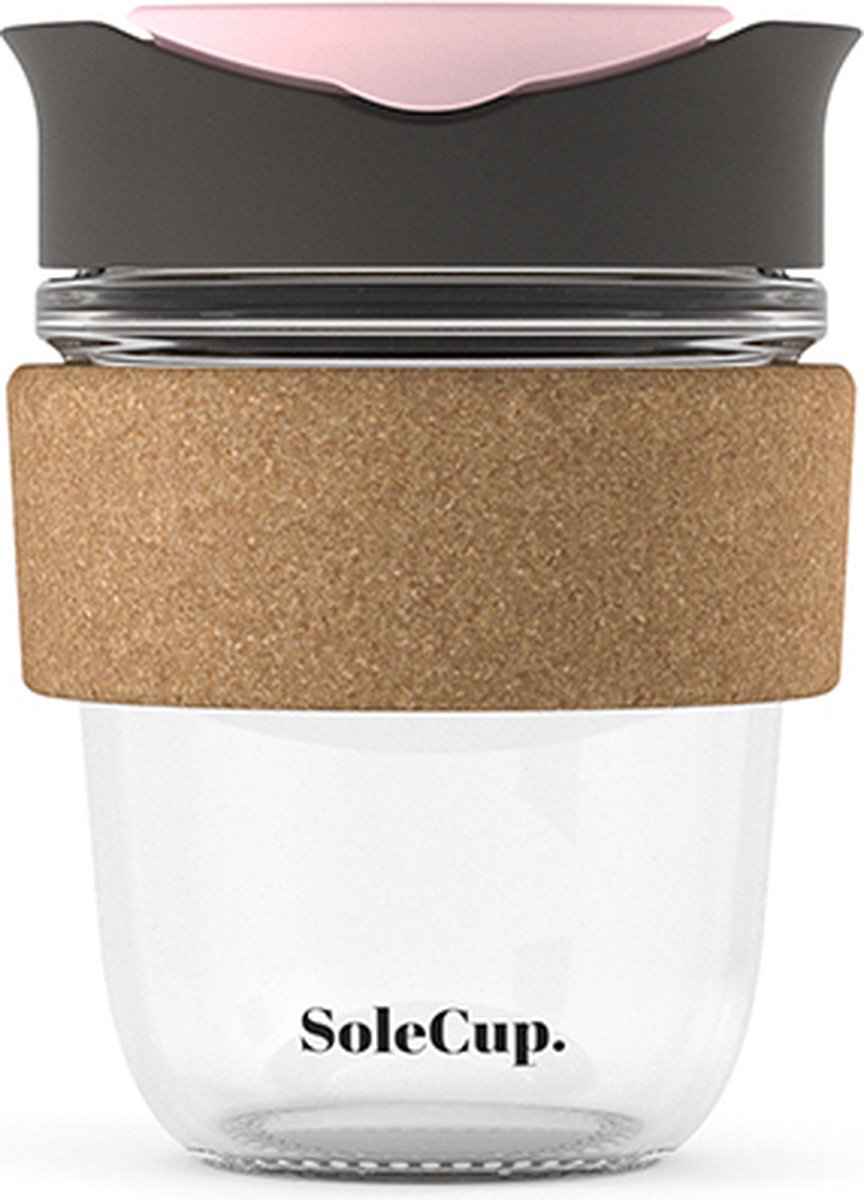 Solecup koffie beker to go glas/ kurk - 340 ml - donker grijs/roze