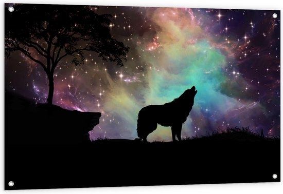 WallClassics - Tuinposter – Silhouette van een Wolf bij Sterrenhemel - 120x80 cm Foto op Tuinposter (wanddecoratie voor buiten en binnen)