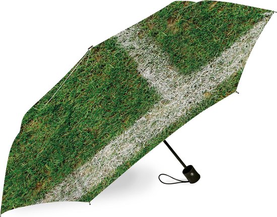 Compacte paraplu met een print van groen gras en een witte lijn, zoals op een voetbalveld.