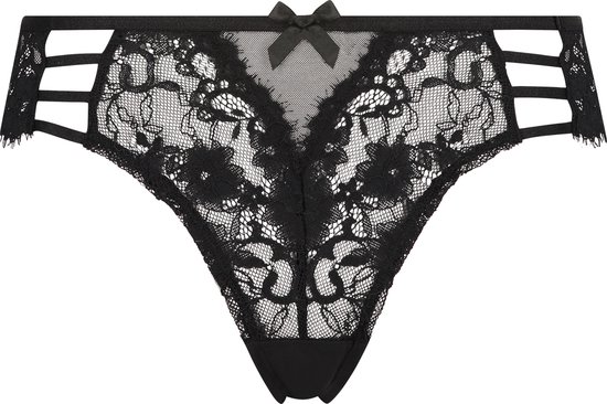 Slip brésilien noir en dentelle avec un petit nœud et détail de lanières sur les côtés.