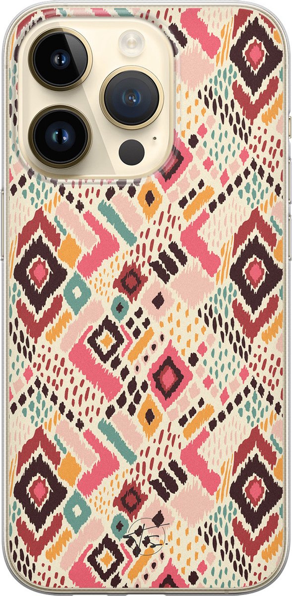 Hoesje geschikt voor iPhone 14 Pro - Boho vibes - Soft Case - TPU - Print - Oranje - Mooie Telefoonhoesjes