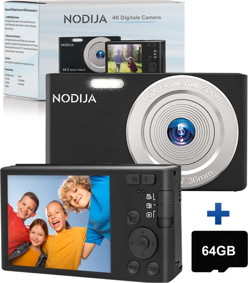 ader Franje huis NODIJA® Digitale Camera - Compact Camera - Fototoestel - Videocamera - 64GB  SD-kaart | bol.com