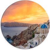 Dibond Muurcirkel - Zonsondergang op het Griekse eiland Santorini - 70x70 cm Foto op Aluminium Muurcirkel (met ophangsysteem)