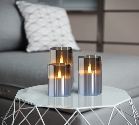 Nince LED Kaarsen Set van 3 - Bewegende Vlam - Grijs - Dimbaar - Timer - Afstandsbediening - Wax ledkaars