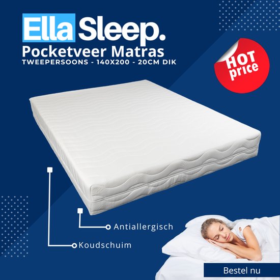 Ella-Sleep - Saffier - 7 Zone - Tweepersoons - 140x200 - Pocketveer matras - Anti-allergisch - Koudschuim