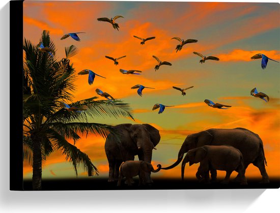 WallClassics - Canvas - Olifanten bij Palmbomen met Tropische Vogels - 40x30 cm Foto op Canvas Schilderij (Wanddecoratie op Canvas)