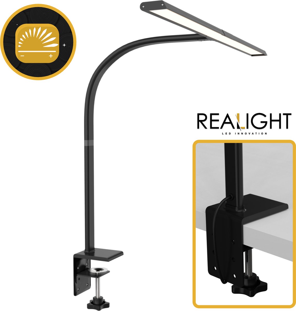 Realight bureaulamp – Daglichtlamp – Klemlamp – Thuiswerkplek Monitor lamp – Handwerklamp – Borduurlamp – Hobbylamp daglicht - Bureaulamp led - bureaulamp led dimbaar – LED – Met Klem – Zwart – Dimbaar