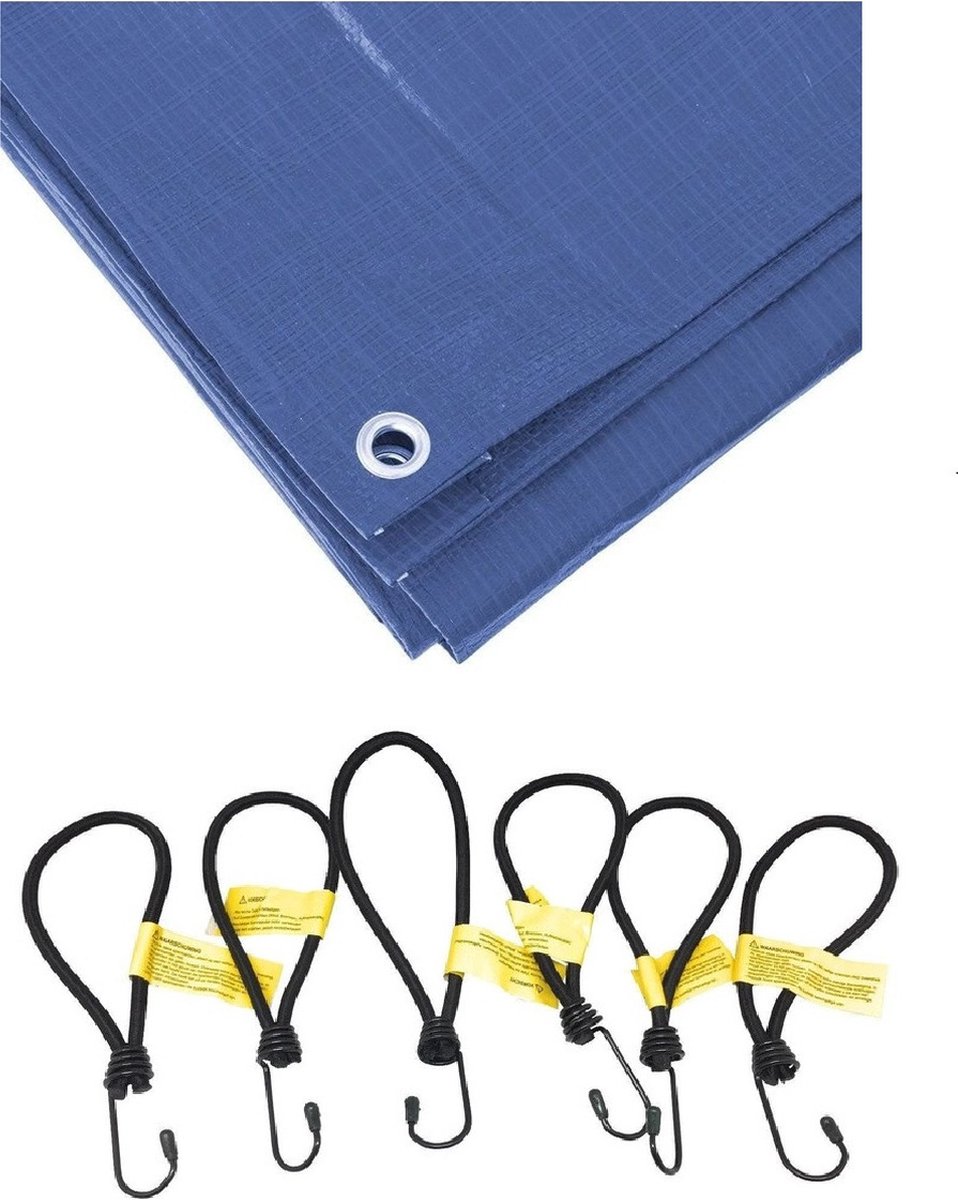Blauw afdekzeil / dekzeilen van 3 x 4 meter met 18x spanners/elastieken haakjes