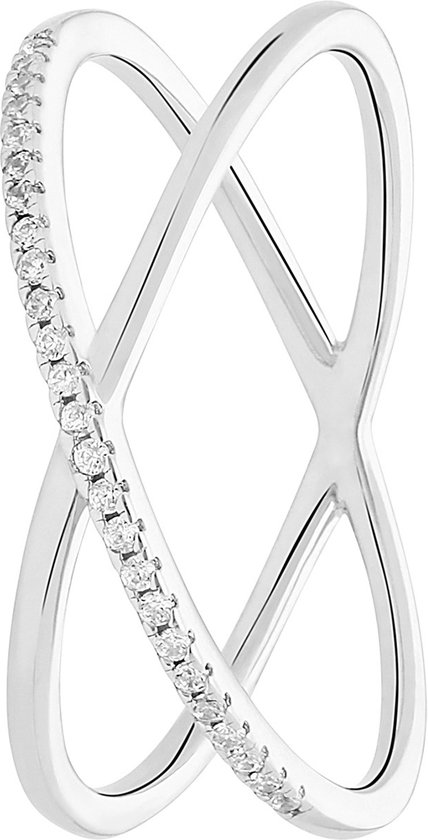 Lucardi Dames Zilveren ring gekruist met zirkonia - Ring - 925 Zilver - Zilverkleurig - 16 / 50 mm