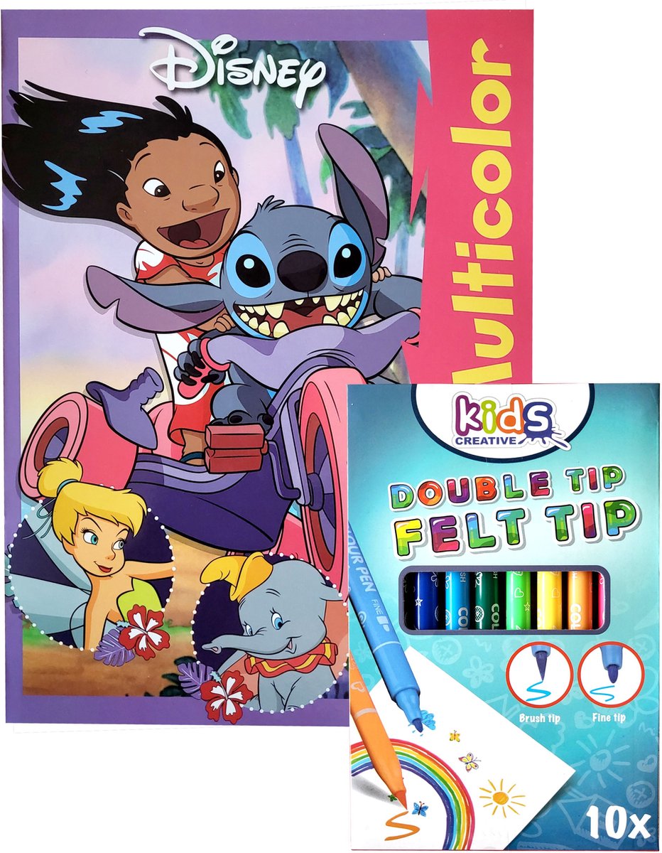 Disney - Lilo & Stitch - Paars - Kleurboek met 17 kleurplaten en 17 illustraties in kleur - 10 dubbelpunt stiften - Diverse disney kleurplaten o.a. Lilo & Stitch, Bambi, Disney prinsessen, Lady en de Vagebont, Tinkerbell - verjaardag - kado - cadeau