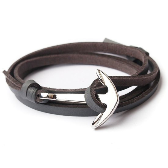 Kungu luxe rope armband voor heren en dames - Leder Grijs - Zilveren Anker - Outdoor Milano line - Cadeau - Geschenk - Voor Man - Vrouw - Armbandje - Jewellery