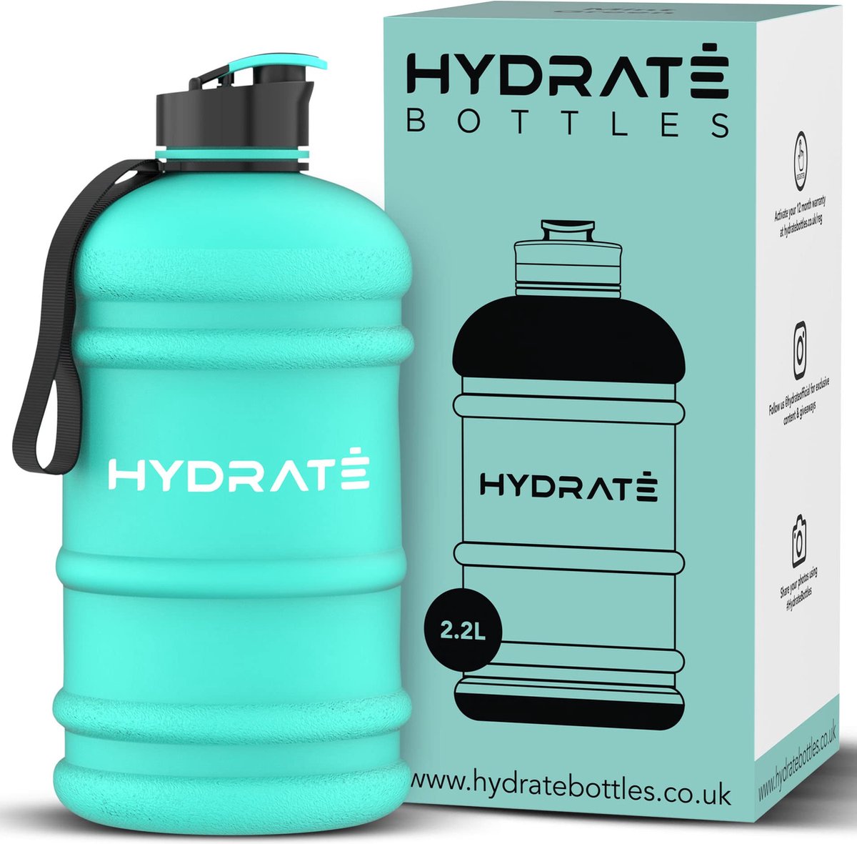 HYDRATE 2,2 liter sportfles - duurzaam en extra sterk - BPA vrij - ideaal voor: Sportschool, Dieet, Bodybuilding, Buitensport, Wandelen en Kantoor - Grote Waterfles (Mintgroen)