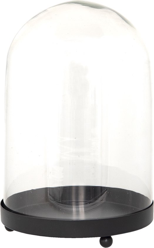 HAES DECO - Decoratieve glazen stolp met zwart metalen voet, diameter 20 cm en hoogte 29 cm - ST6GL3533HS