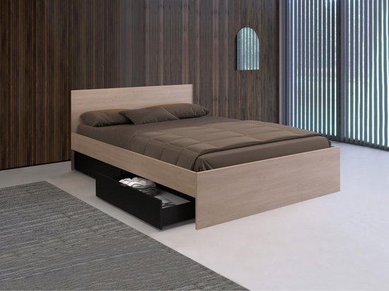 Bed met 2 lades 160 x 200 cm Kleur: naturel en zwart - VELONA L 164.4 cm x H 82.6 cm x D 203.6 cm