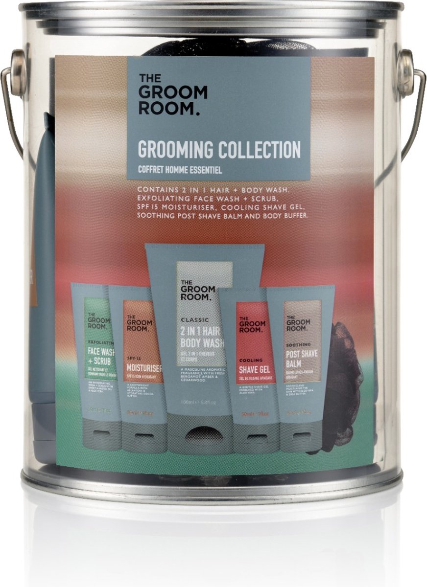 Gift Set - Can Gift, The Groom Room, Hair & Bodywash 100ml + Face Wash & Scrub 50ml + Shaving Gel 50ml + Lotion 50ml + Moisturizer 50ml + After Shave 50ml