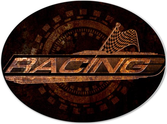 Dibond Ovaal - Logo met ''Racing'' en Race Vlag - 40x30 cm Foto op Ovaal (Met Ophangsysteem)