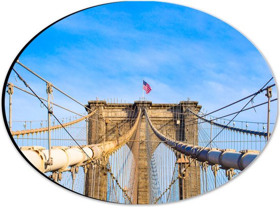 Dibond Ovaal - Constructie van De Brooklyn Bridge in New york - 28x21 cm Foto op Ovaal (Met Ophangsysteem)