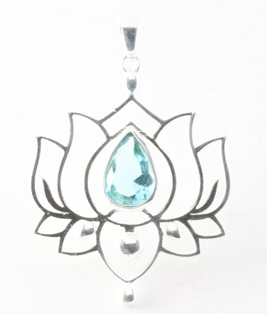 Opengewerkte zilveren lotus hanger met blauwe topaas