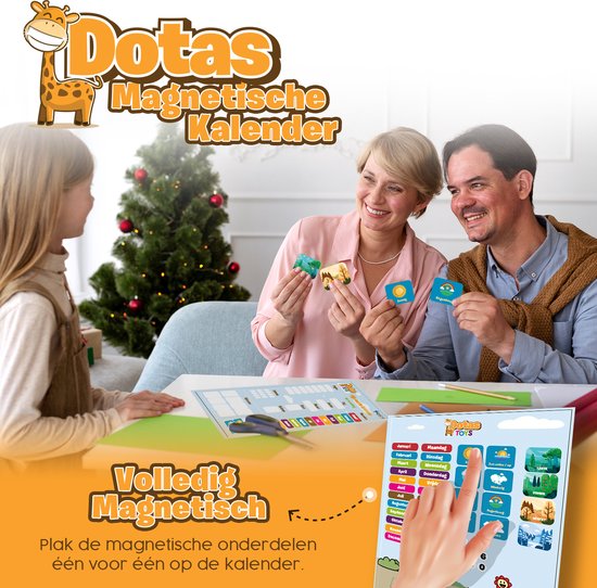 Gezin rond een tafel met een kerstboom, speelt met een magnetische kalender.