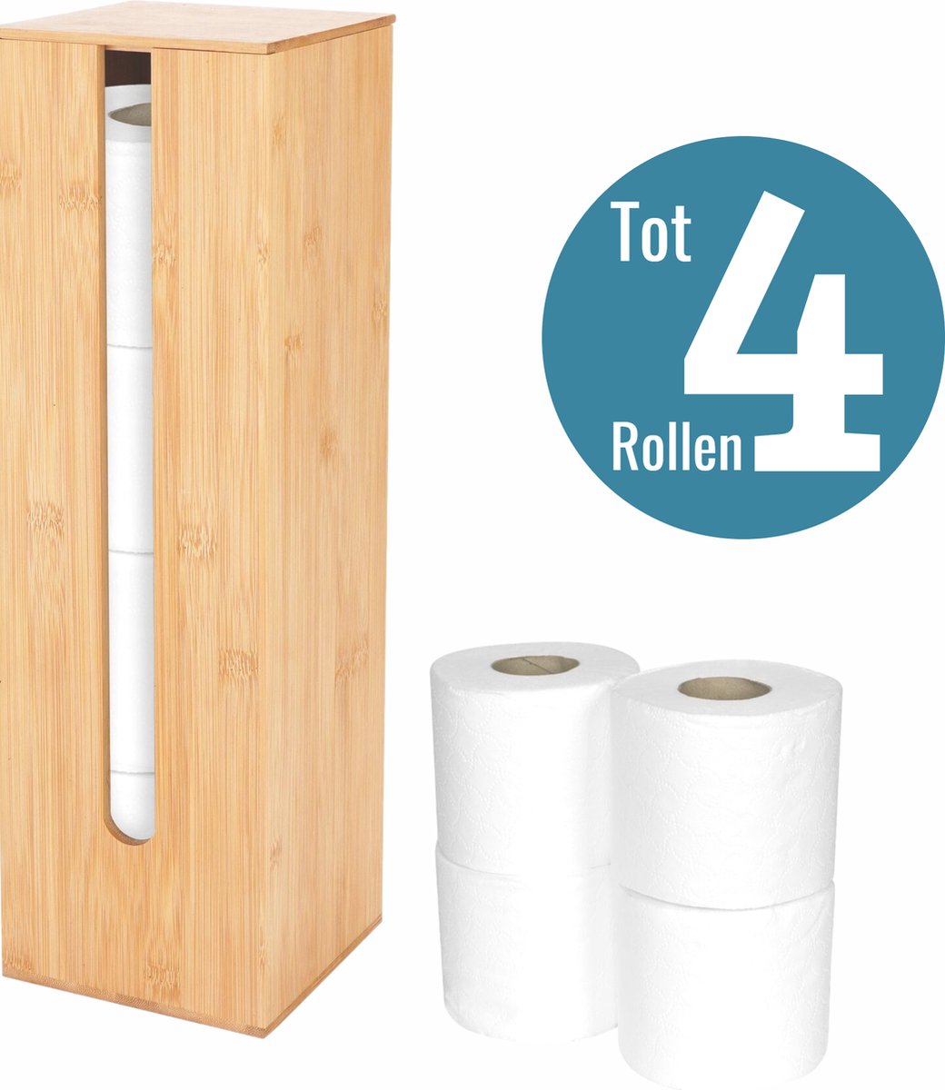 Toiletrolhouder Staand Hout Bruin - WC Rolhouder Zonder Boren - Toiletpapierhouder met Plankje Bamboo